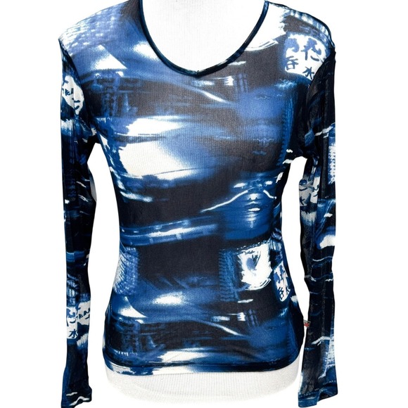Kenzo Junior Size S Mesh Sheer Top Abstract Cityscape Japanese Characters Y2K‎ - Picture 2 of 12